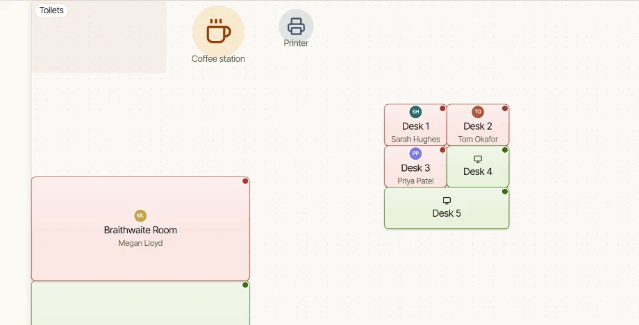The Doris admin dashboard: the floor map with named members at their desks on mobile, the day diary of bookings on desktop
