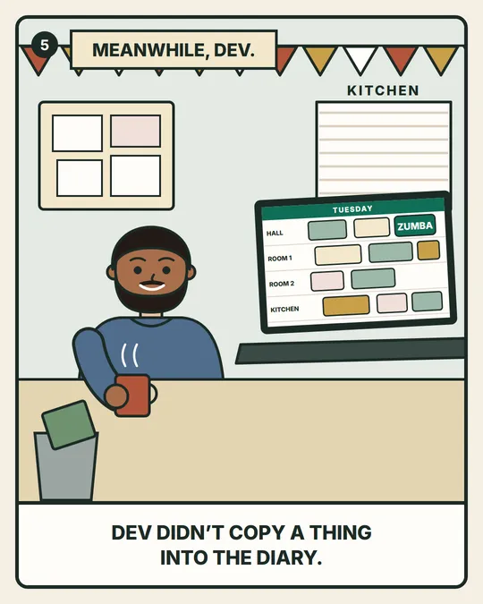 Panel 5. Meanwhile, Dev. He didn't copy a thing into the diary.