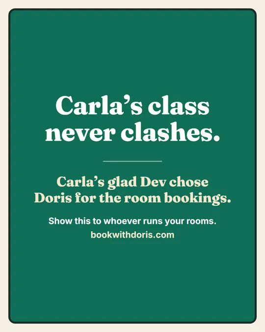 Panel 6. Carla's class never clashes. Carla's glad Dev chose Doris for the room bookings.
