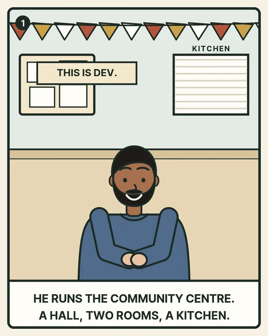 Panel 1. This is Dev. He runs the community centre: a hall, two rooms and a kitchen.