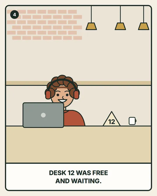 Panel 4. Desk 12 was free and waiting.