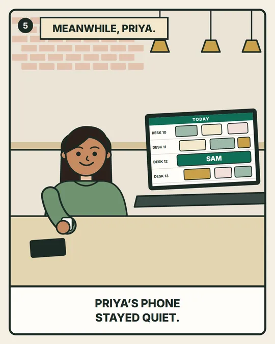 Panel 5. Meanwhile, Priya. Her phone stayed quiet.