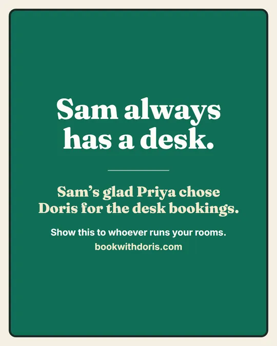 Panel 6. Sam always has a desk. Sam's glad Priya chose Doris for the desk bookings.