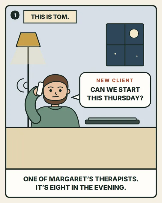 Panel 1. This is Tom, one of Margaret's therapists. At eight in the evening a new client rings: can we start this Thursday?