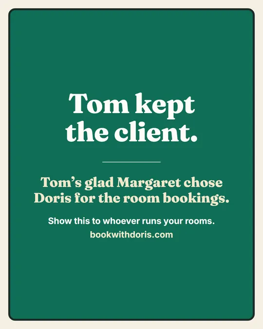Panel 6. Tom kept the client. Tom's glad Margaret chose Doris for the room bookings.